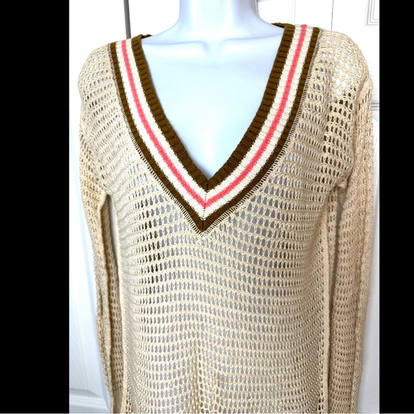 WE THE FREE People Varsity Sweater Open Knit VNeck Stripe Ivory Cream Pink Brown - Picture 4 of 11